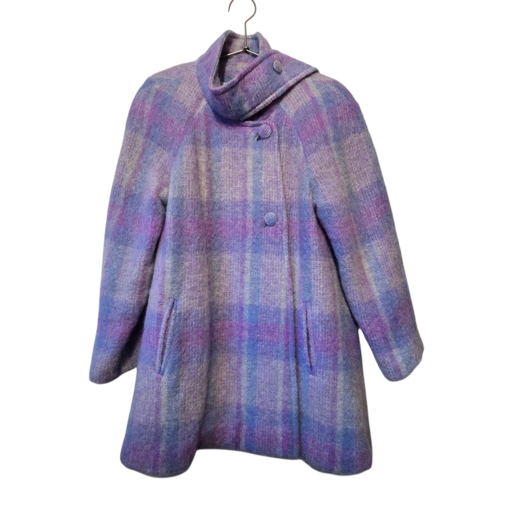 Vintage 80s 90s Donegal‎ Ireland Mohair Wool Plaid Coat Women's M/L Scarf Collar